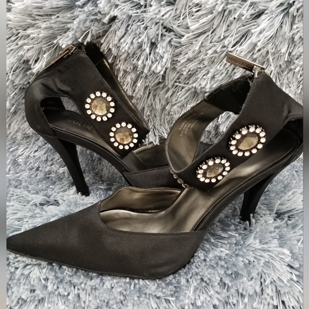 Colin Stuart Black Zip Back Ankle Strap Embellished Heels